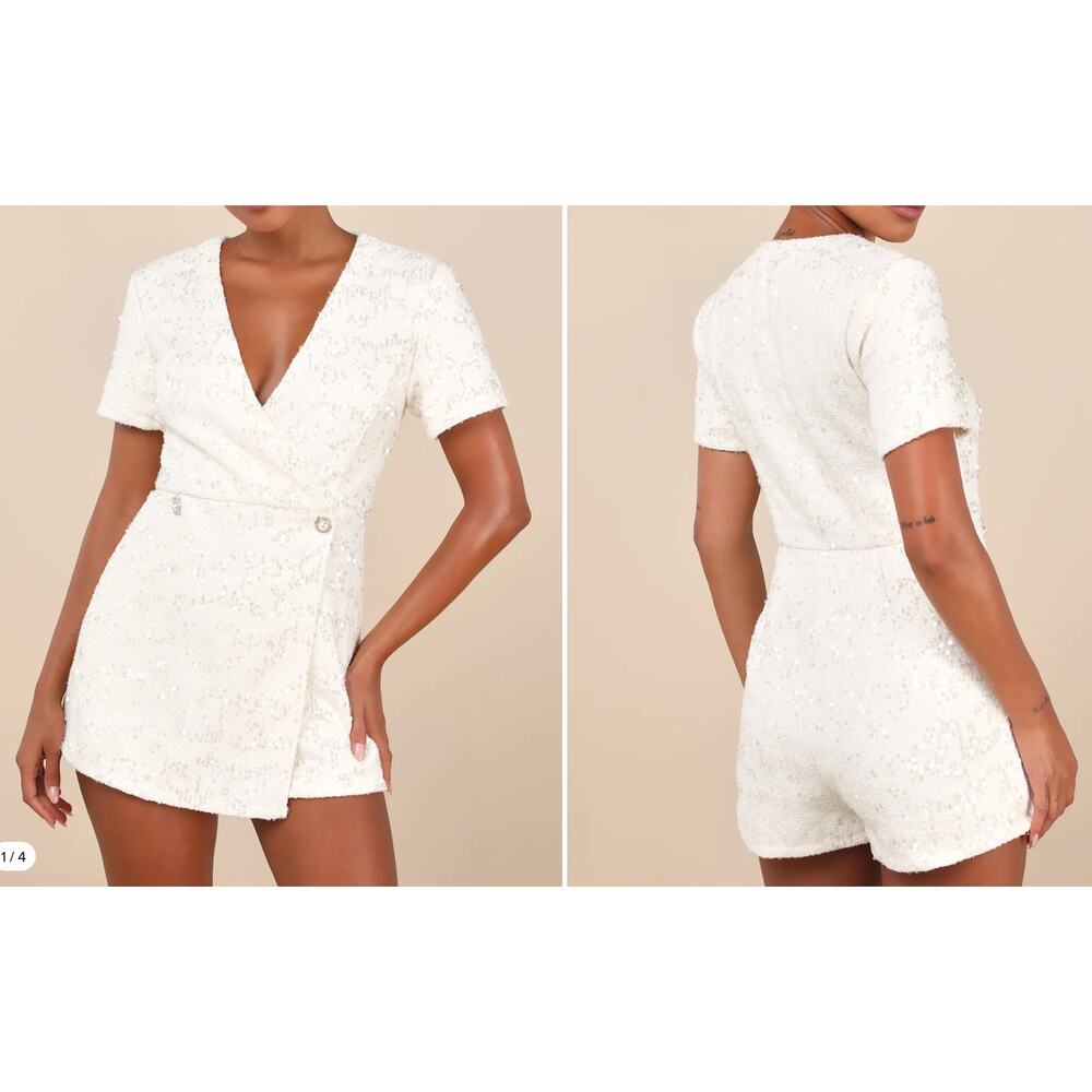 LULUs Glittering Charisma Cream Skort Romper Sequin Tweed Short Sleeve M Medium